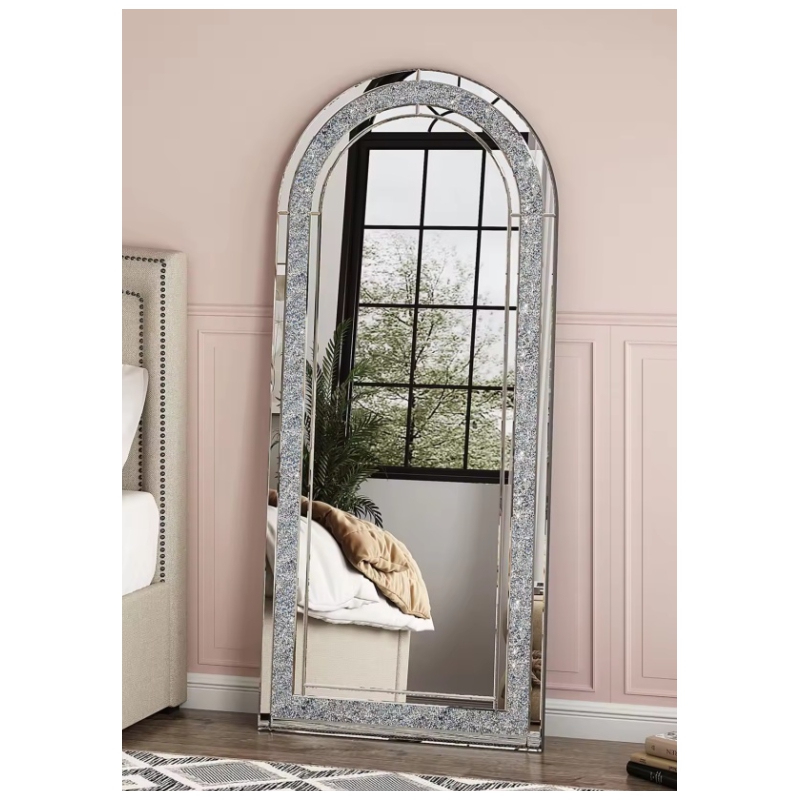 Custom Size and Color Glass Framed Arched-Top floor mirror with Crushed Diamond